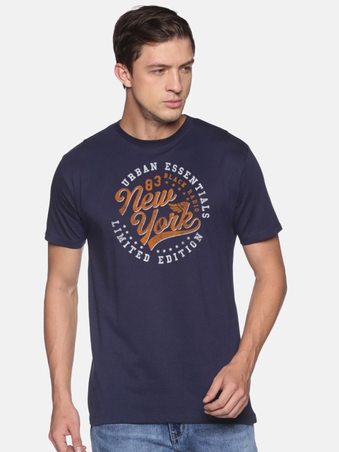 

BLACK RADIO Men Navy Blue & Brown Typography Printed Slim Fit Cotton T-shirt