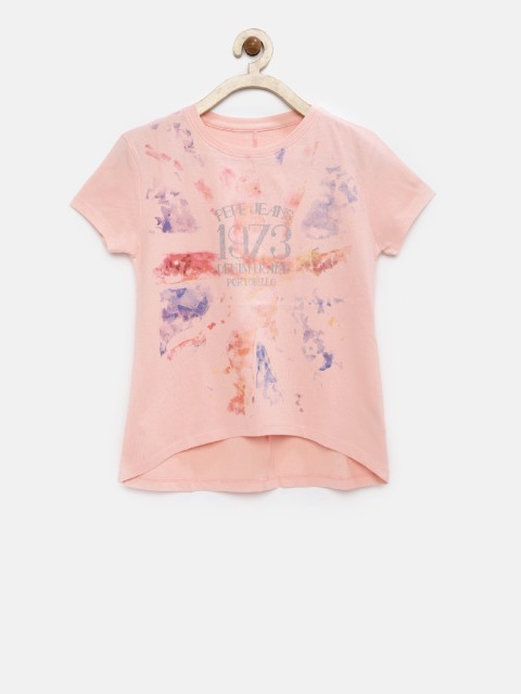 

Pepe Jeans Girls Peach-Coloured Printed High-Low Pure Cotton Top