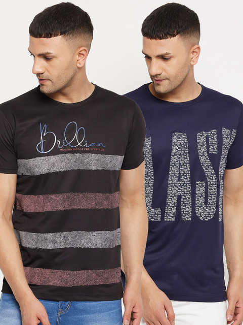 

Parcel Yard Men Black & Navy Blue Typography Set Of 2 Striped Cotton T-shirt