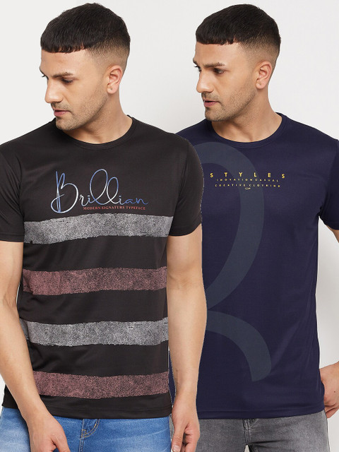

Parcel Yard Men Black & Navy Blue Typography Set Of 2 Striped Cotton T-shirt