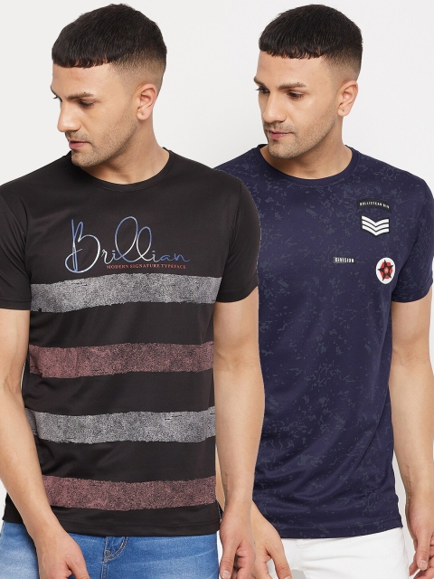 

Parcel Yard Men Black & Navy Blue Typography Set Of 2 Striped Cotton T-shirt