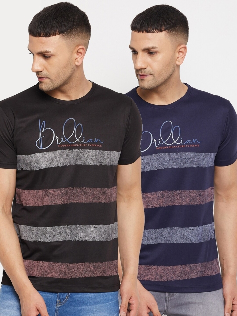 

Parcel Yard Men Black & Navy Blue Pack of 2 Striped T-shirt