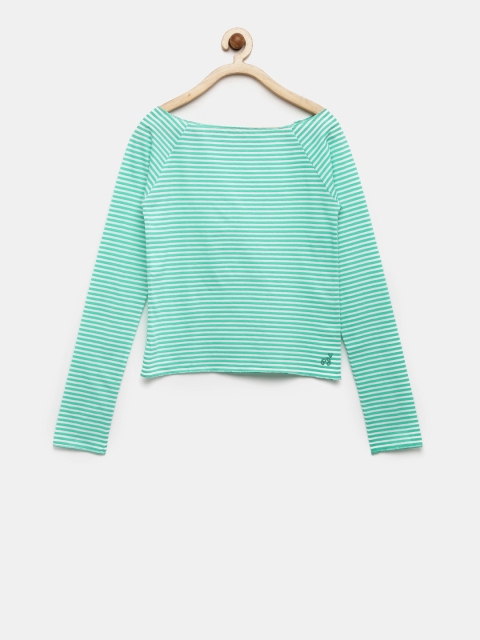 

Pepe Jeans Girls Green & White Striped Boat Neck T-shirt