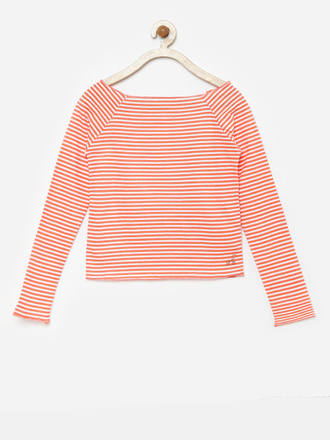 

Pepe Jeans Girls Peach-Coloured & White Striped Boat Neck T-shirt