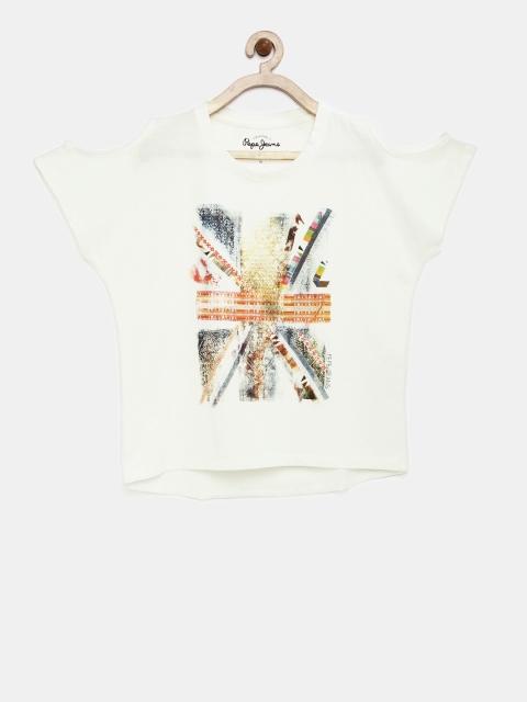 

Pepe Jeans Girls Off-white Printed Cold Shoulder Pure Cotton Top