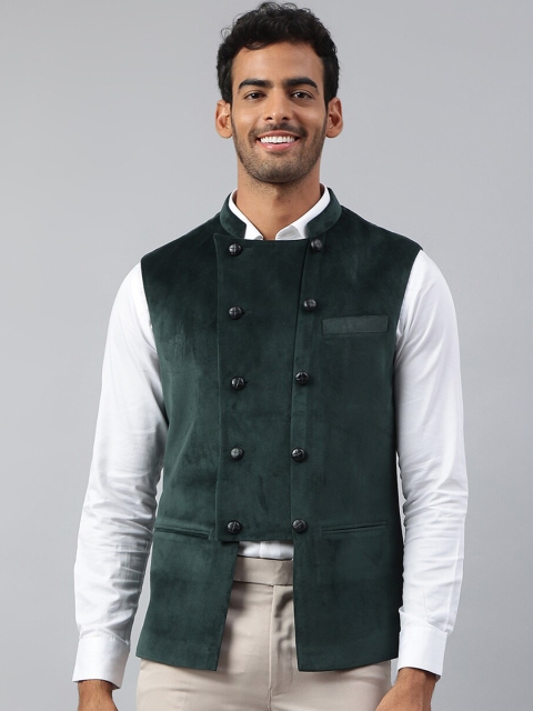 

MR BUTTON Men Green Solid Woven Nehru Jackets