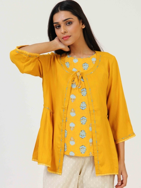 

bellamia Mustard Yellow & Blue Print Layered Top With Kimono