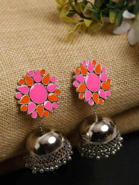 

NEUDIS Pink & Silver-Toned Contemporary Jhumkas Earrings