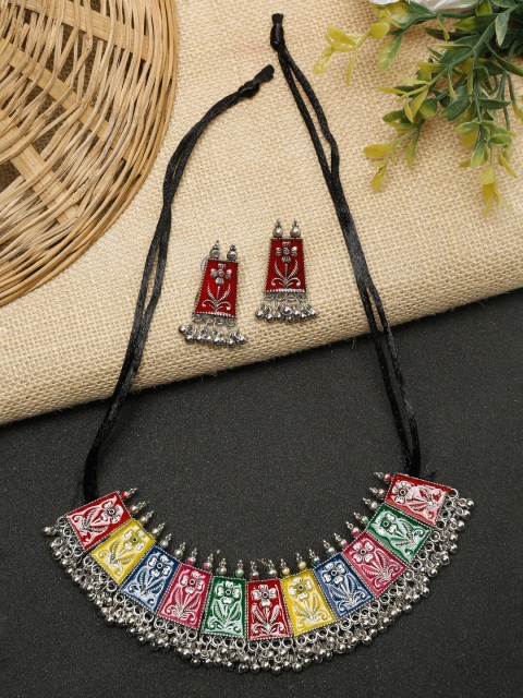 

NEUDIS Silver Toned & Green Oxidised Enamel Ethnic Choker Necklace & Earring Set