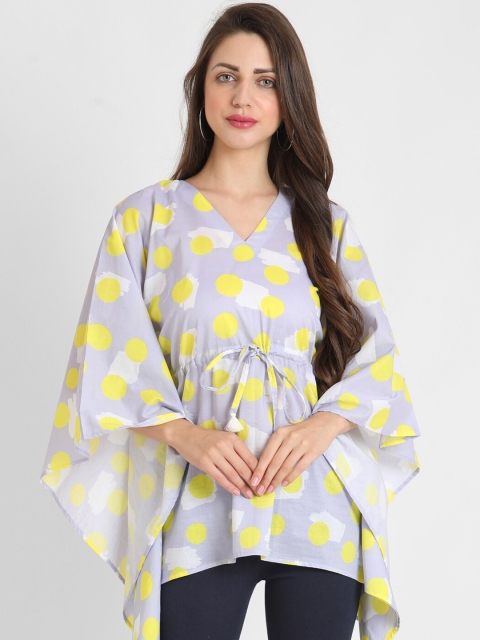 

KOOCHI POOCHI Women Grey & Yellow Printed V-Neck Kaftan Kurti