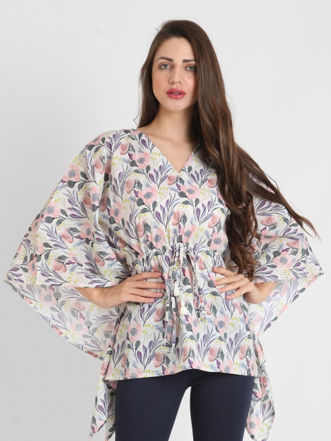 

KOOCHI POOCHI White & Pink Floral Print Pure Cotton Kaftan Top