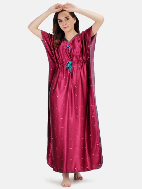 

KOI SLEEPWEAR Women Maroon Printed Satin Kaftan Nightdress