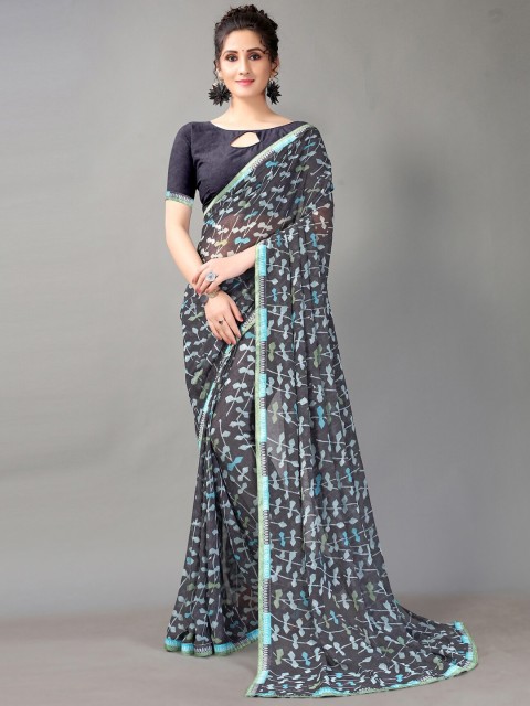 

HRITIKA Navy Blue & Grey Printed Saree