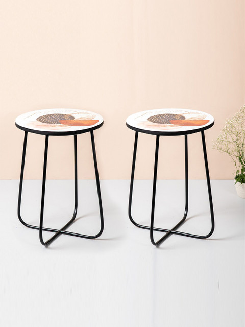 

nestroots Set of 2 White & Black Printed Metal Ottoman