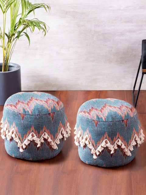 

nestroots Blue & Red Set Of 2 Printed Bamboo Ottoman