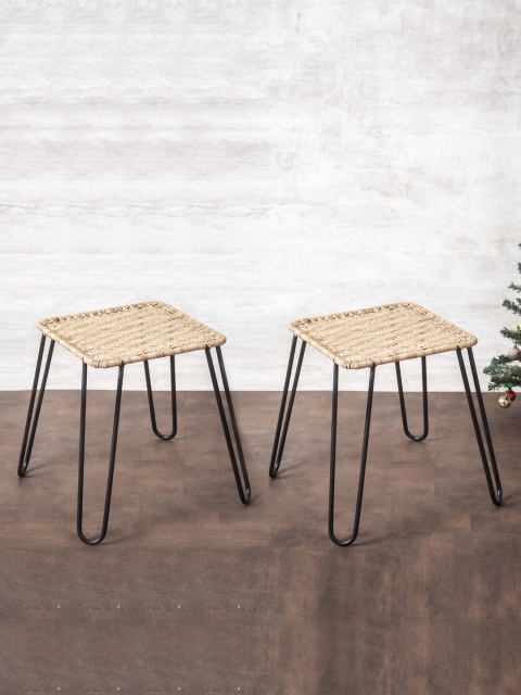 

nestroots Set of 2 Brown Woven Design Ottamans, Black