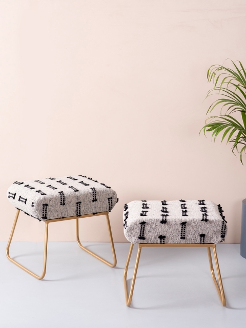 

nestroots Set of 2 Gold-Toned & Off-White Printed Metal Ottoman
