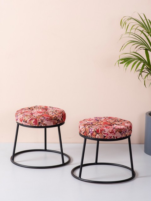 

nestroots Set of 2 Black & Red Floral Metal Ottoman