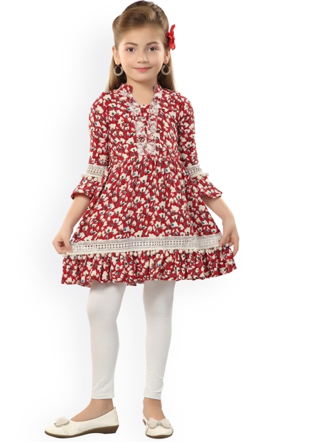 

Hunny Bunny Girls Maroon Floral Printed Angrakha Kurta with Trousers