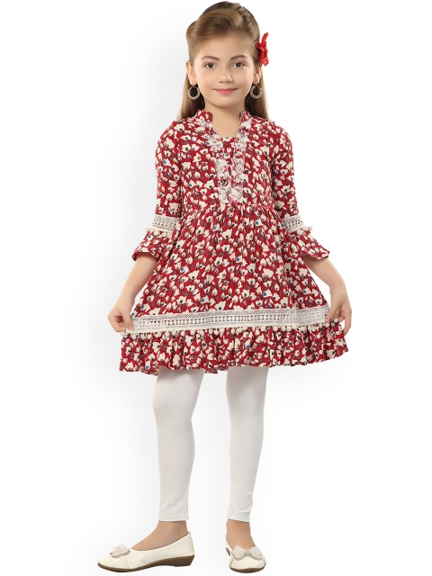 

Hunny Bunny Girls Maroon Floral Printed Angrakha Kurta with Trousers
