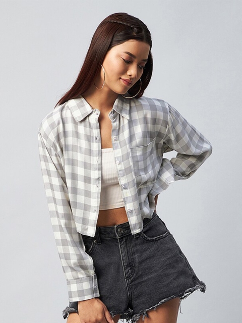 

CHIMPAAANZEE Women Grey & White Relaxed Boxy Tartan Checked Casual Shirt