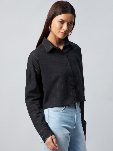 

CHIMPAAANZEE Women Black Relaxed Boxy Striped Casual Shirt