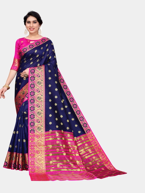 

Yashika Navy Blue & Pink Woven Design Zari Silk Blend Banarasi Saree