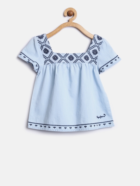 

Pepe Jeans Girls Blue Embroidered Denim A-Line Pure Cotton Top