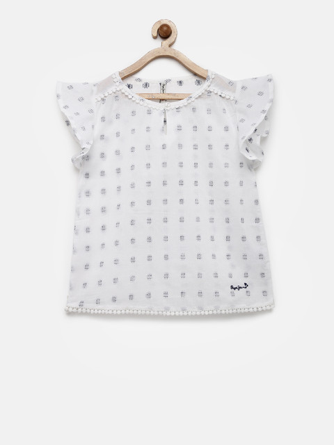 

Pepe Jeans Girls White & Navy Self-Design Pure Cotton Top
