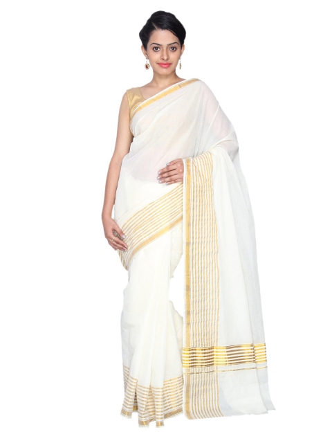 

KALINI White & Gold-Toned Zari Pure Cotton Kasavu Saree