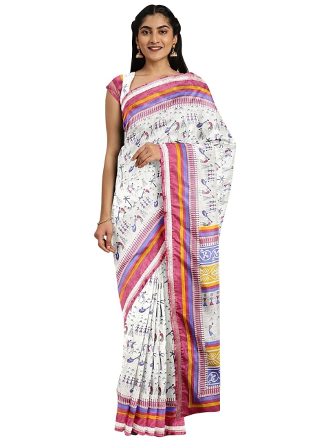 

KALINI White & Blue Warli Poly Crepe Saree