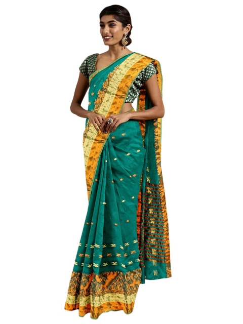 

KALINI Teal Green & Golden Woven Design Zari Banarasi Saree