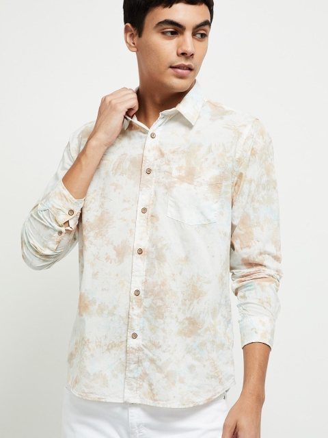 

max Men White & Brown Dyed Printed Regular Fit Cotton Casual Shirt