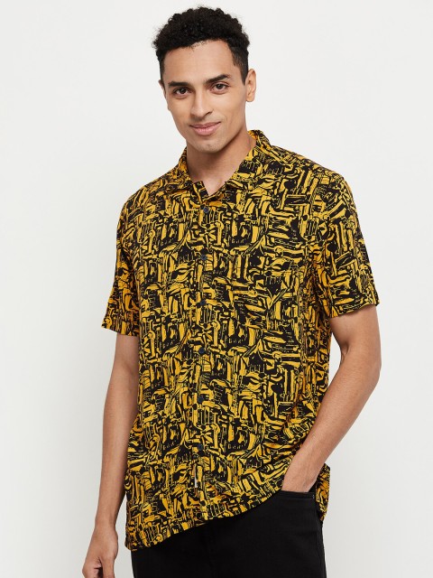 

max Men Mustard Yellow & Black Abstract Printed Casual Shirt