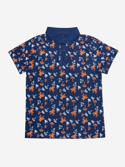 

KiddoPanti Boys Navy Blue Printed Polo Collar T-shirt
