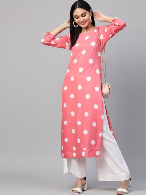 

KALINI Women Peach-Coloured & White Printed Crepe Kurta