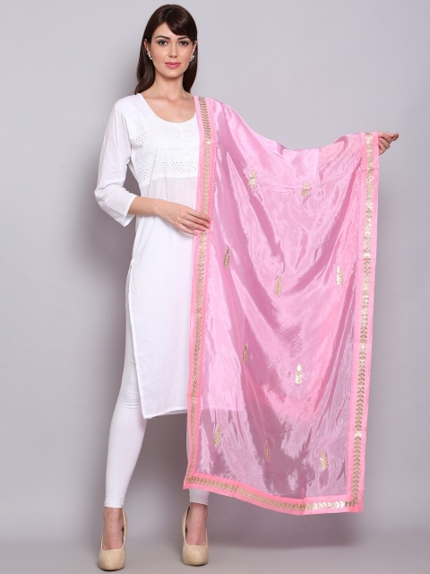 

Miaz Lifestyle Pink & Gold-Toned Woven Design Dupatta with Gotta Patti