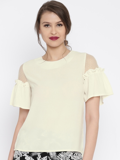 

RARE Women Off-White Solid Cold Shoulder Top