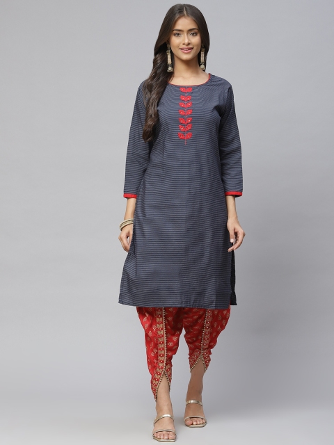 

Aarika Women Navy Blue & Off White Striped Pure Cotton Kurta