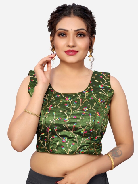 

SIRIL Olive Green Embroidered Silk Readymade Saree Blouse