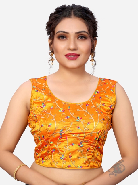 

SIRIL Women Yellow Embroidered Silk Readymade Saree Blouse