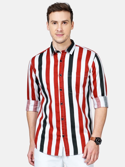 

SORATIA Men White & Red Slim Fit Striped Casual Shirt