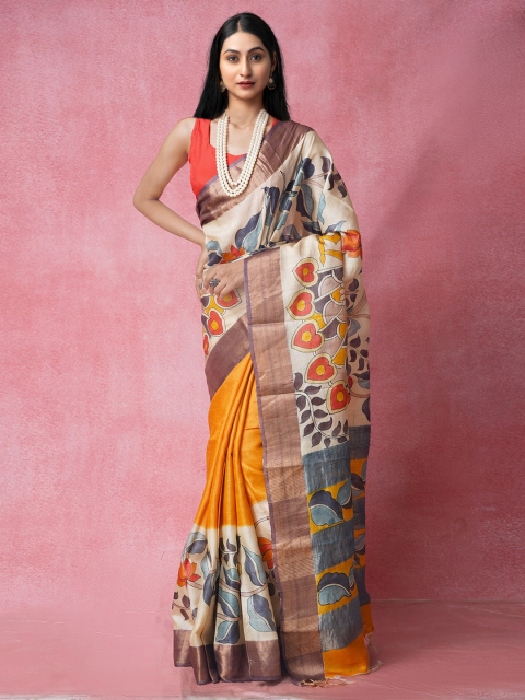 

Unnati Silks Yellow & Cream Pure Handloom Bengal Fusion Tussar Pure Silk Saree