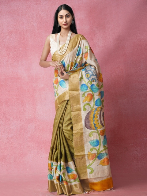 

Unnati Silks Women Green Kalamkari Zari Pure Silk Tussar Handloom Saree