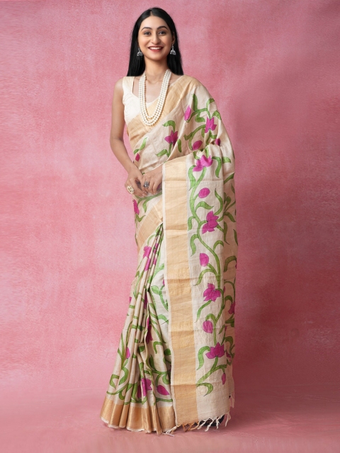 

Unnati Silks Cream-Coloured & Green Ethnic Motifs Pure Silk Tussar Saree