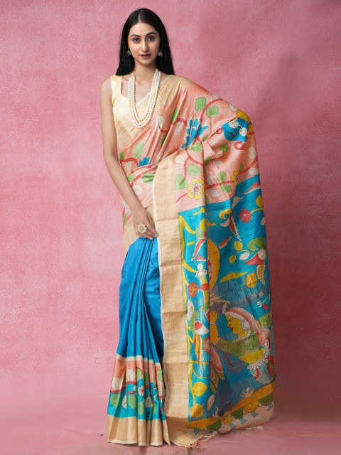 

Unnati Silks Blue & Cream-Coloured Kalamkari Zari Pure Silk Tussar Handloom Saree