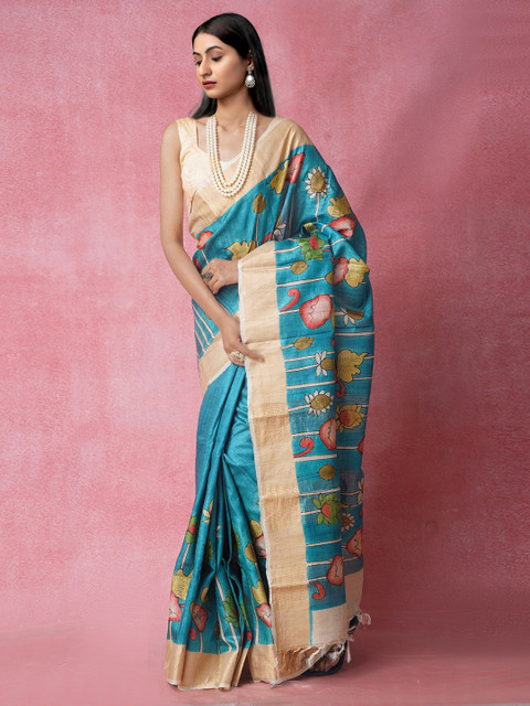

Unnati Silks Blue & Green Ethnic Motifs Zari Pure Silk Tussar Saree