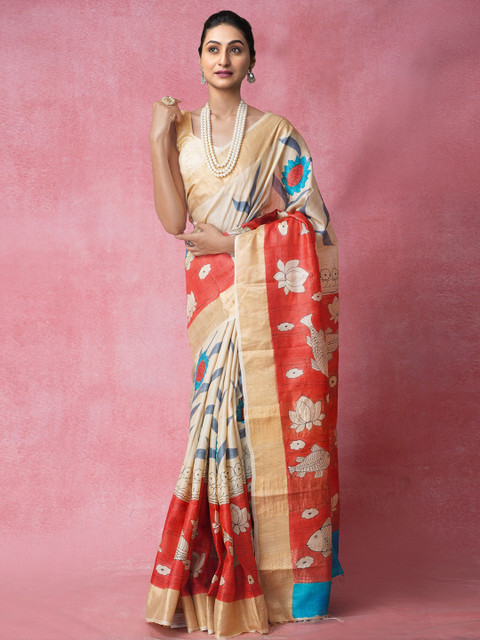 

Unnati Silks Red & Blue Kalamkari Zari Pure Silk Handloom Tussar Saree