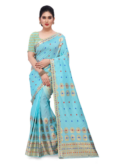 

Skirans Blue & Green Woven Design Poly Silk Assamese Mekhla Chador Saree