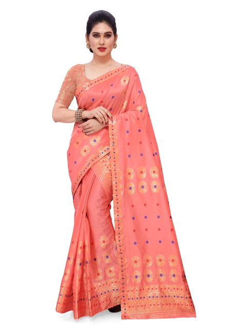 

Skirans Peach & Green Floral Woven Design Zari Assamese Mekhela Chador Saree